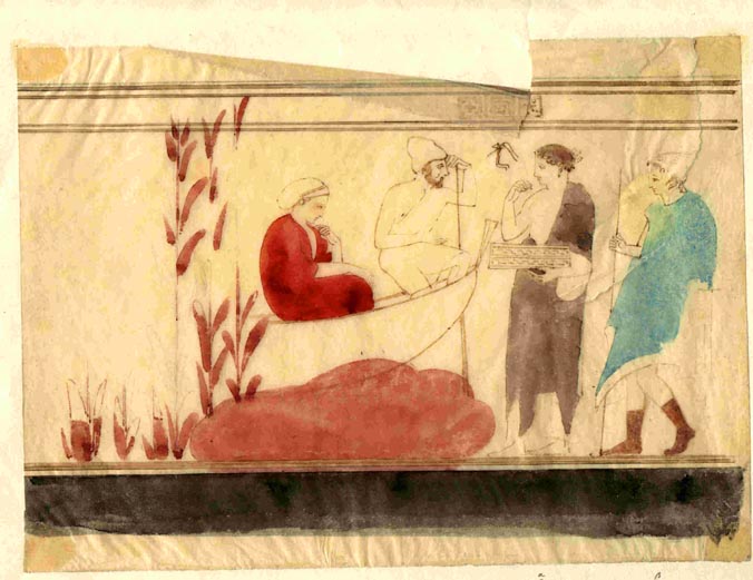 (80) Scene from lekythos of man and woman in boat, two men approach